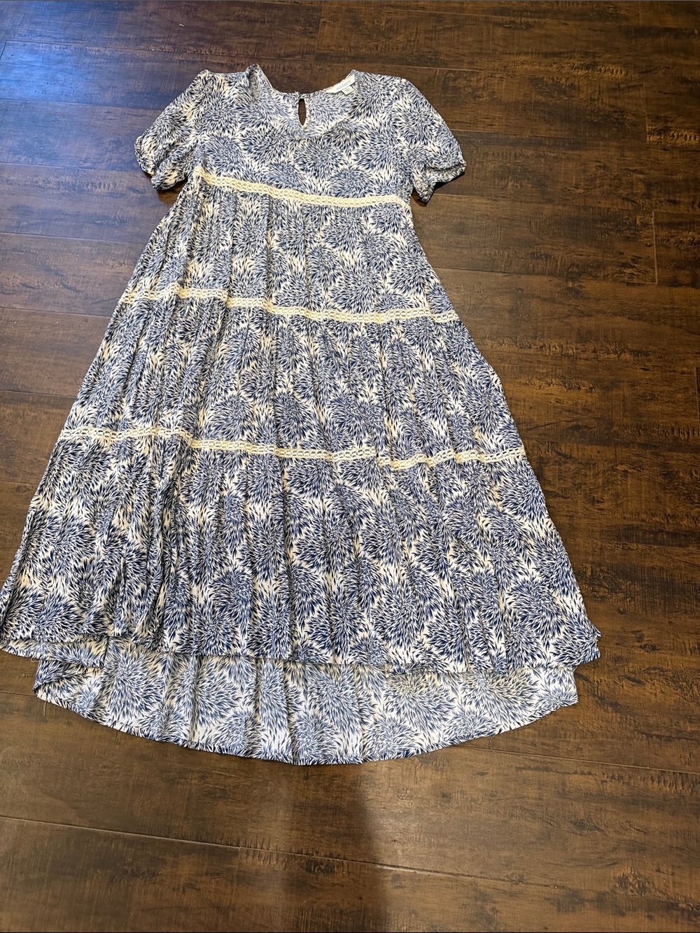 Sundance Blue and White Tiered Dress with Lace Accents